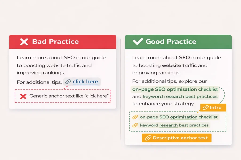 On-Page SEO: anchor text and internal linking bad vs good practice