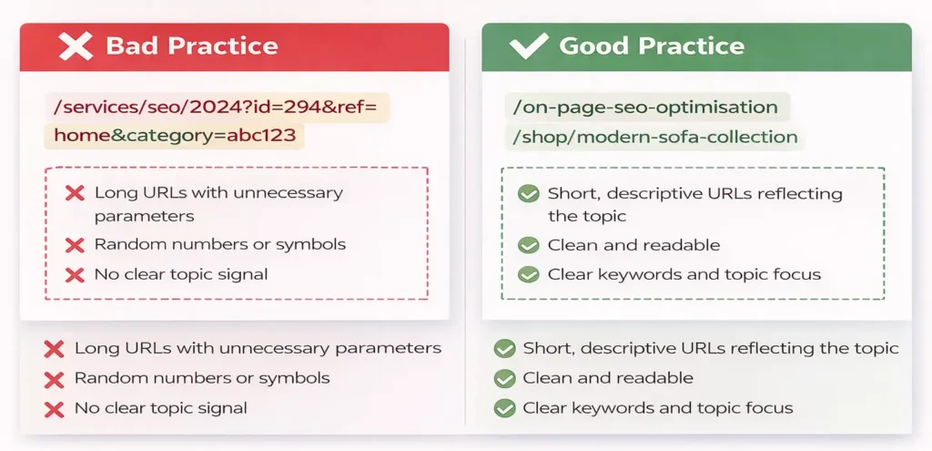 On-Page SEO: URL good vs bad practice