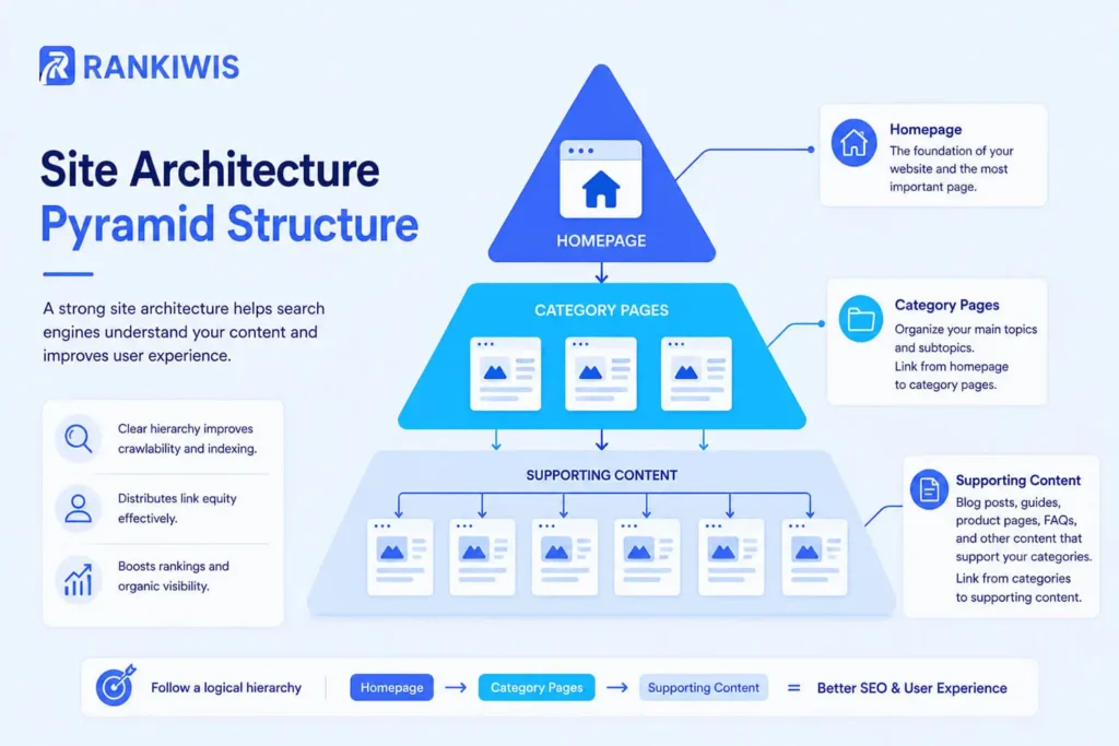 Site architecture diagram showing pyramid structure - homepage to category pages to supporting content