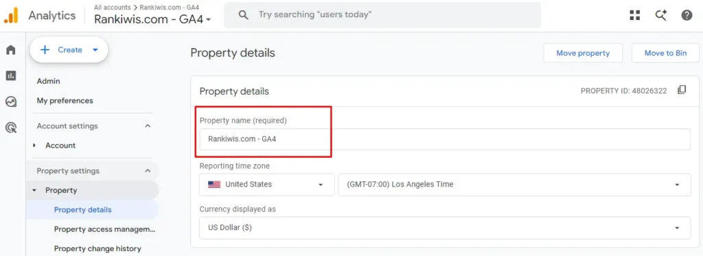 Google Analytics 4 property details