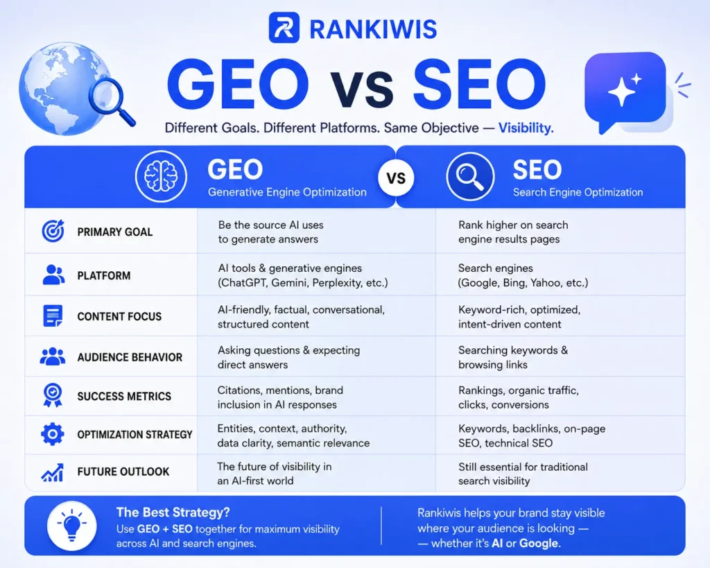  Comparison visual version of the GEO vs SEO table
