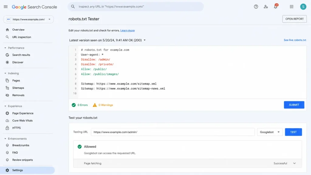 A screenshot of the Google Search Console robots.txt report/tester