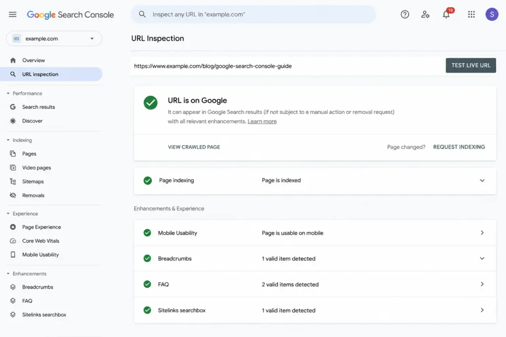 Google Search Console URL inspection tools