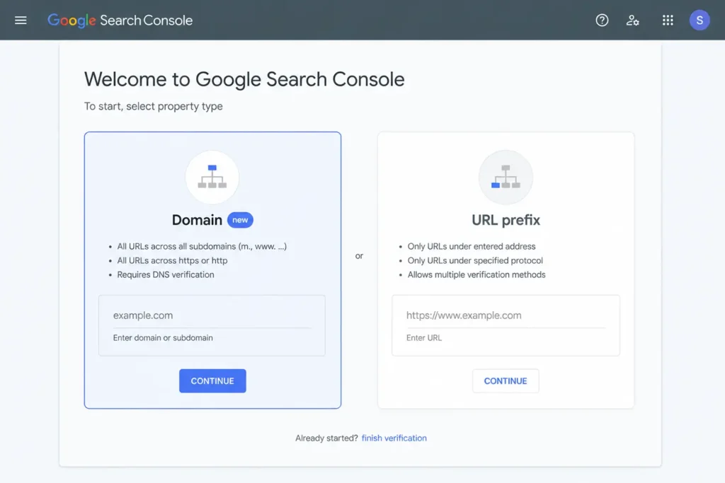 Google Search Console Welcome dashboard