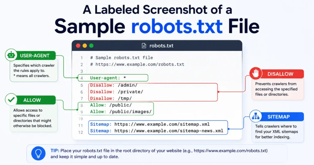 A labeled screenshot of a sample robots.txt file