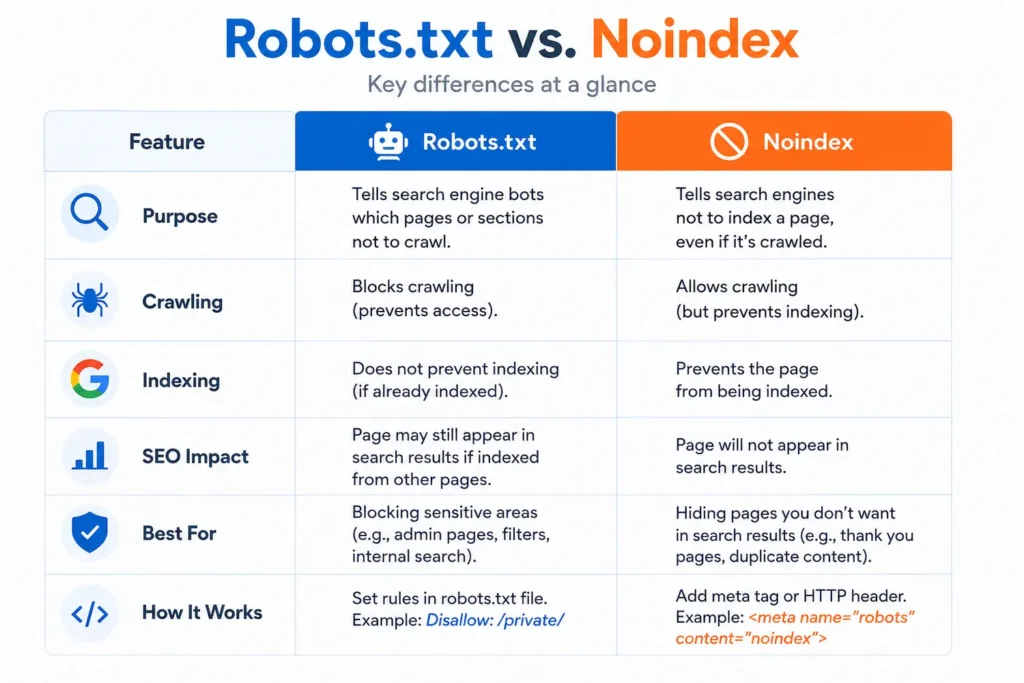 A simple comparison table graphic for "Robots.txt vs. Noindex