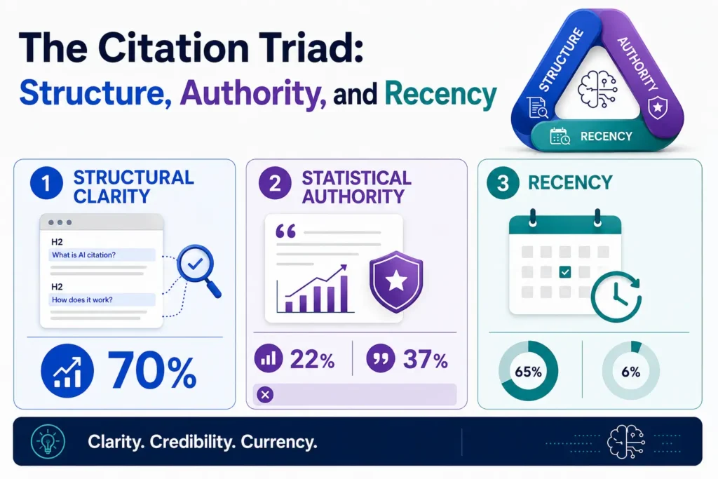 The Citation Triad: Structure, Authority, and Recency