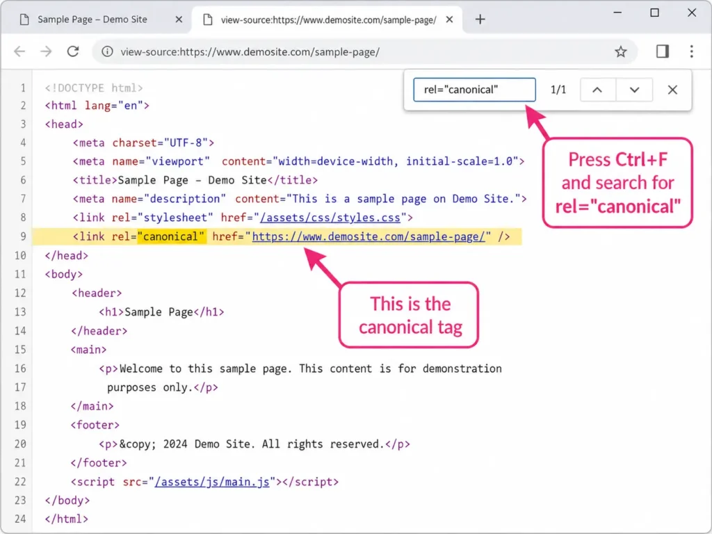 browser view with rel="canonical" highlighted in the page source