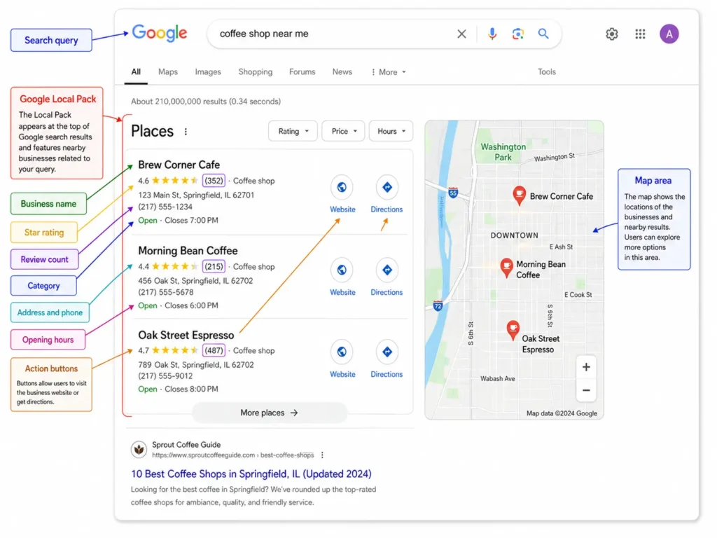 Annotated screenshot of a real Google Local Pack search result