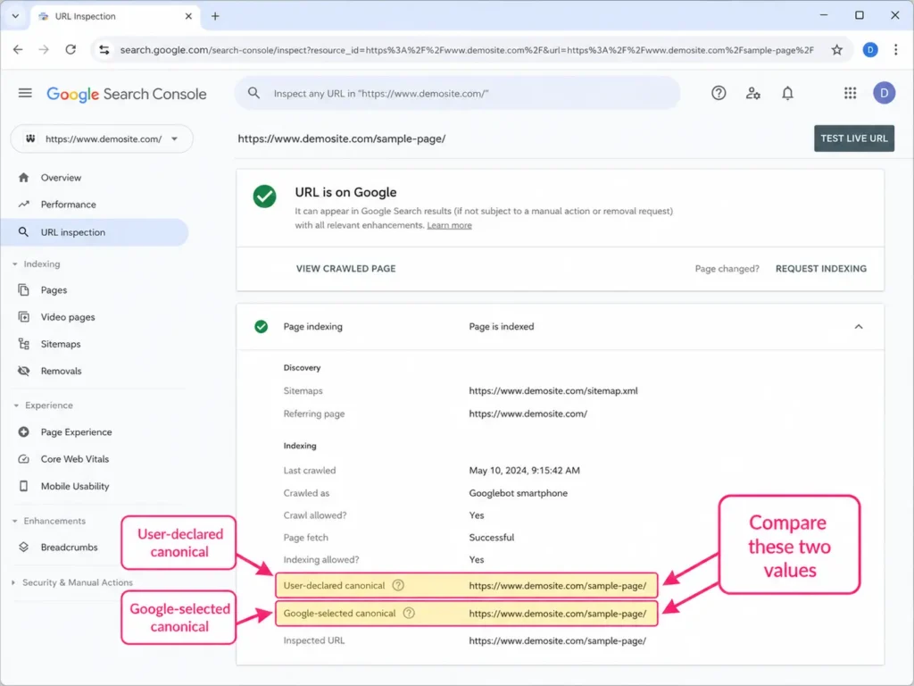 Google Search Console URL Inspection canonical screenshot