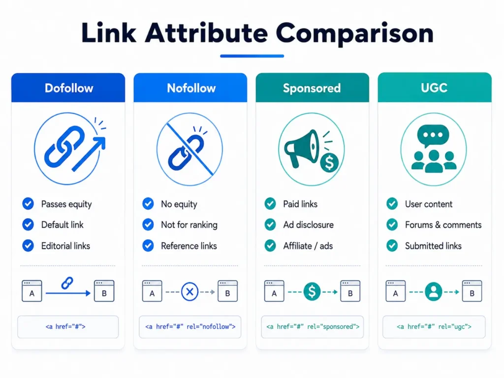 A four-column visual comparing dofollow, nofollow, sponsored, and ugc attributes