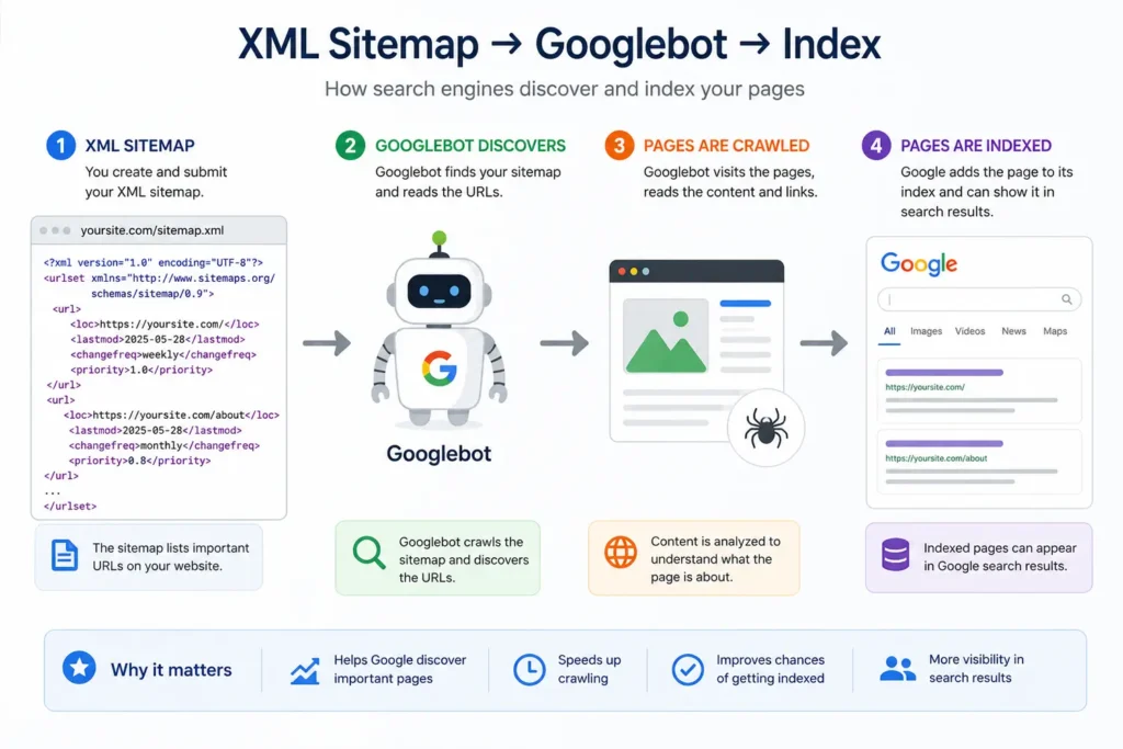 Annotated diagram showing the XML sitemap → Googlebot → index flow