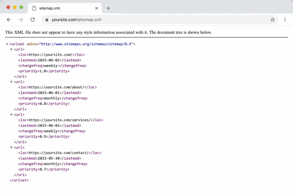 Screenshot of a simple XML sitemap file in a browser window