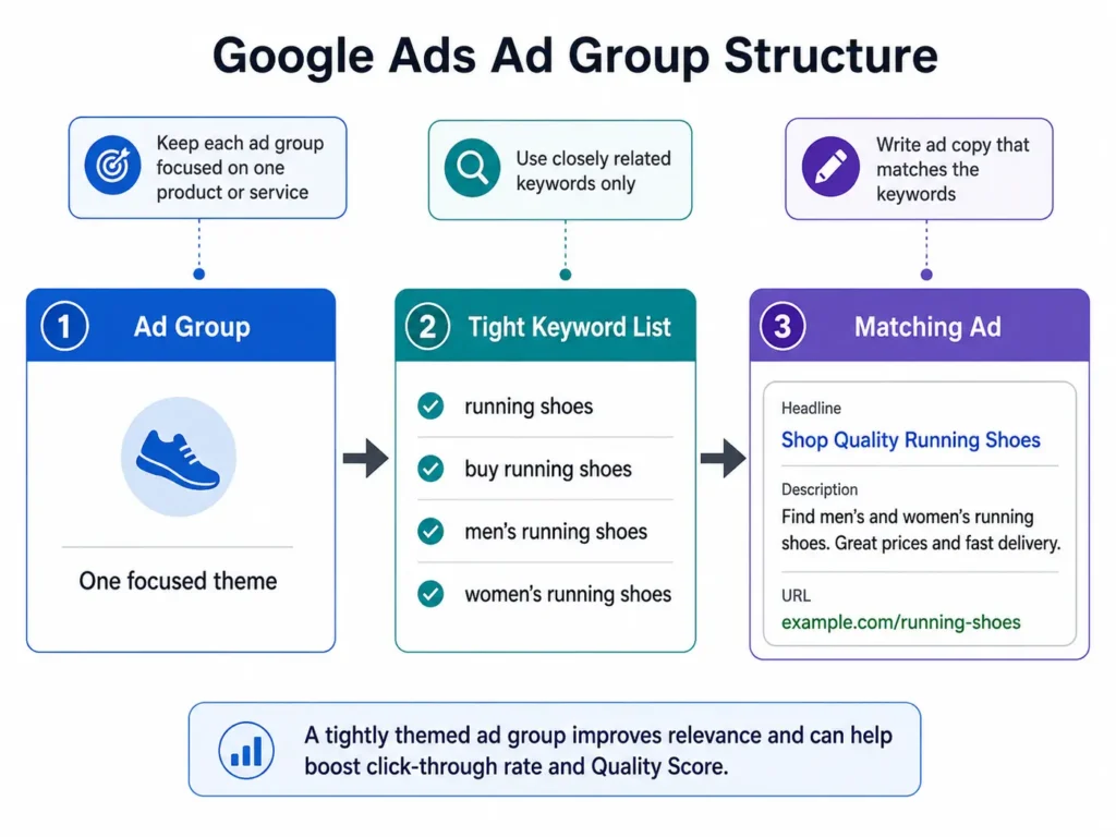 Simple annotated diagram of ad group structure (one ad group, tight keyword list, matching ad)