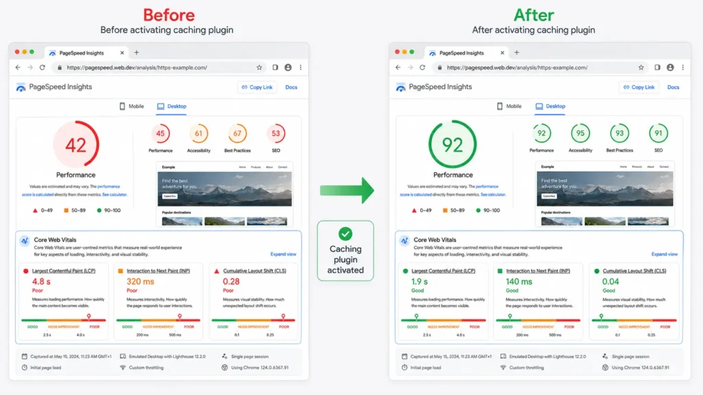Before/after screenshot comparing a red PageSpeed score to a green one after activating a caching plugin