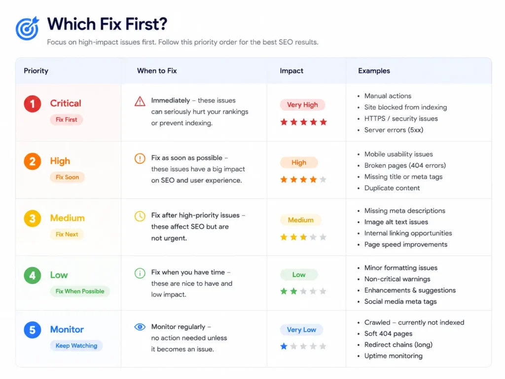 imple diagram of the "which fix first" priority table, styled to match the site's existing checklist graphics