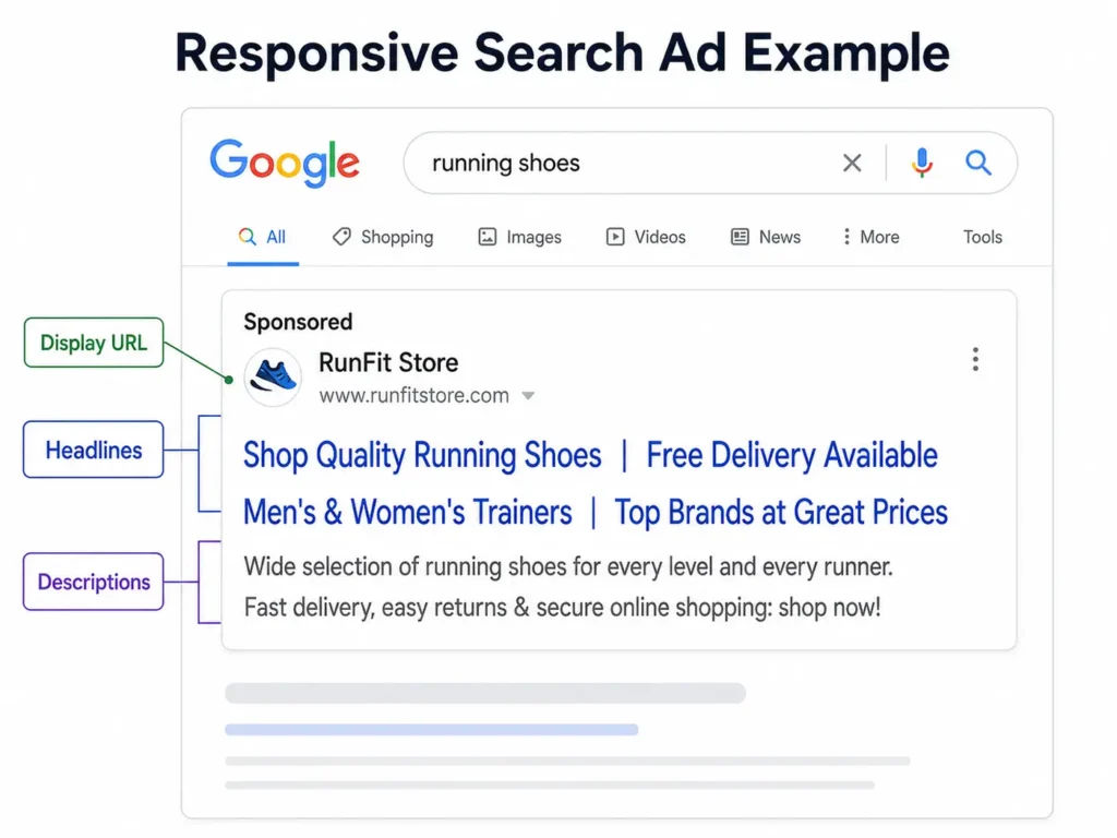 Screenshot or mockup of a responsive search ad with headlines and descriptions labeled