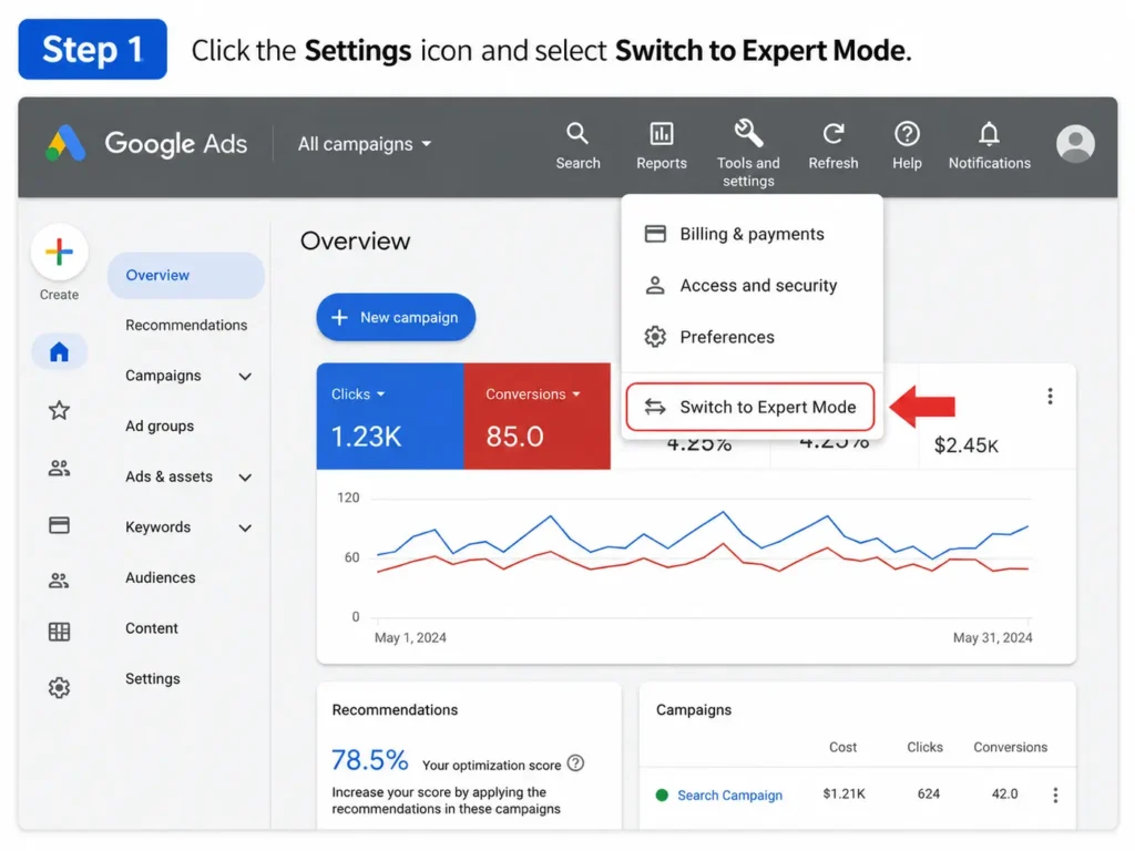 Screenshot of the Google Ads Expert Mode toggle