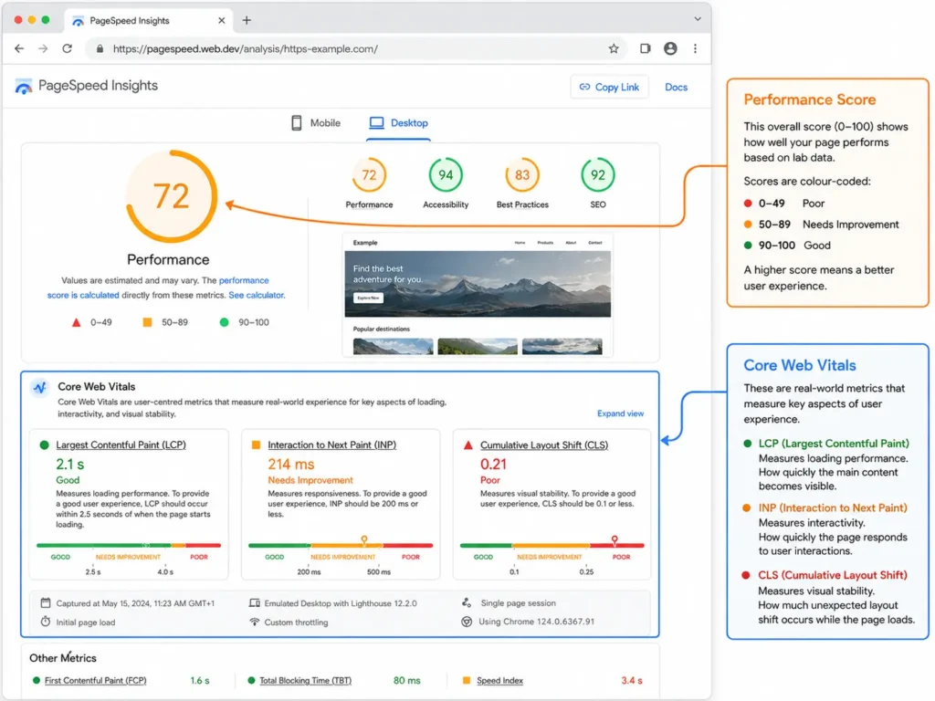 Annotated screenshot of a PageSpeed Insights report showing the color-coded score and Core Web Vitals section