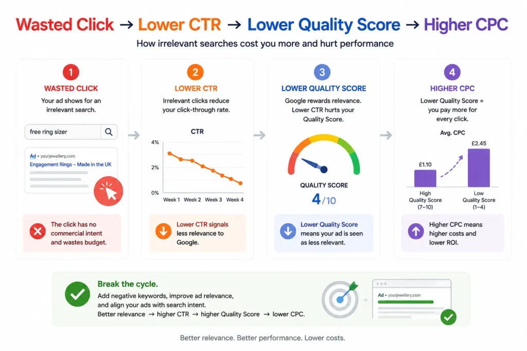 How a wasted click lowers CTR, drops Quality Score, and raises CPC in Google Ads