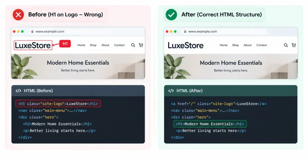 simple before/after screenshot pair showing a theme's H1-on-logo mistake next to the fix