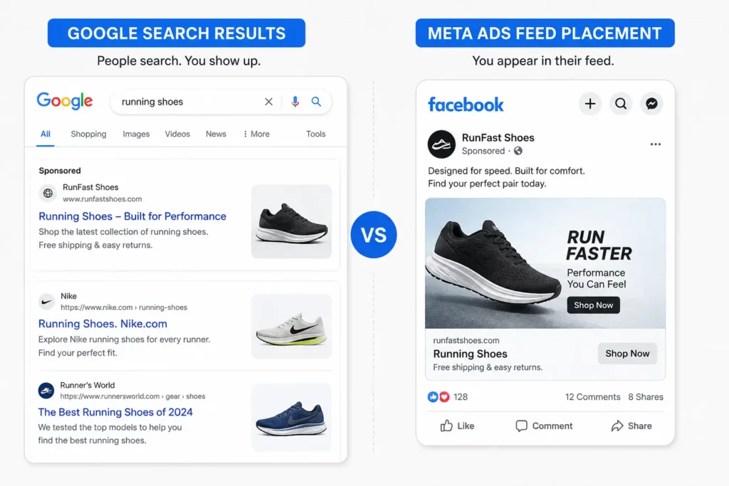 Simple side-by-side graphic contrasting a Google search results page with a Meta Ads feed placement