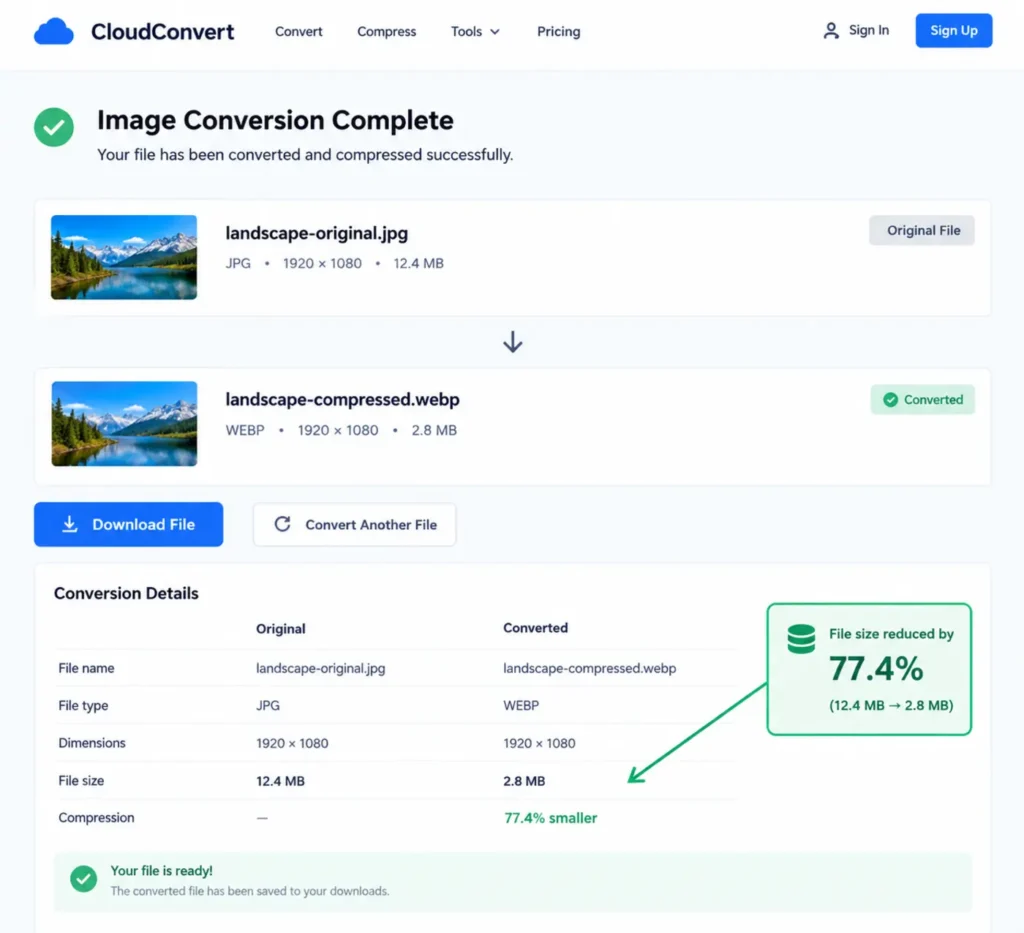 Before and after screenshot showing a client product image reduced from [actual file size] to [actual file size] after WebP conversion