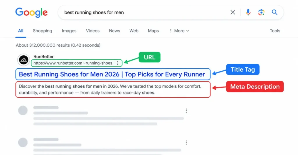 Screenshot of a title tag displaying in a live Google SERP, with the title, URL, and meta description labeled
