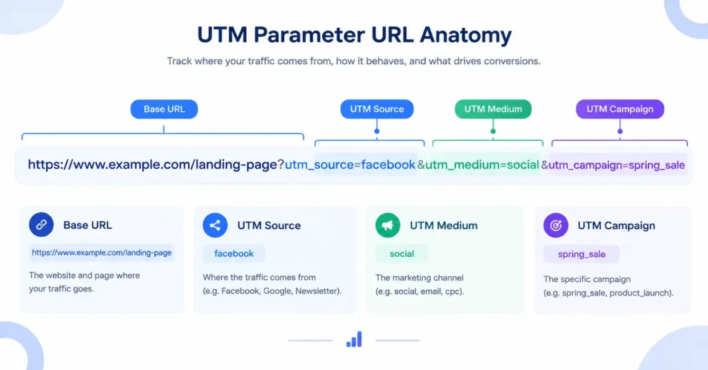 Diagram of a URL with UTM parameters, labeling utm_source, utm_medium and utm_campaign