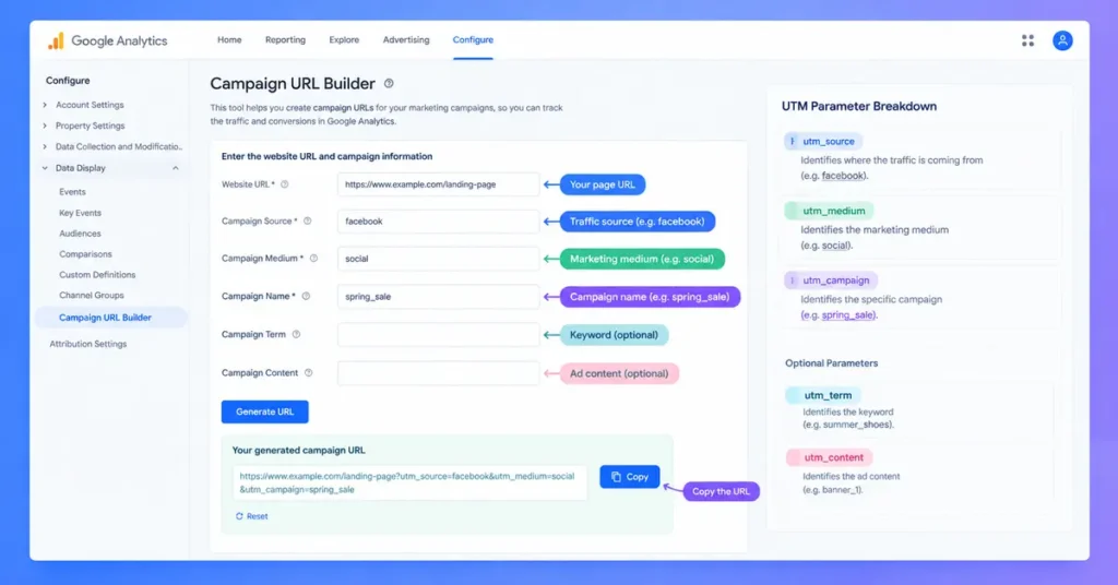 Google Campaign URL Builder with source, medium and campaign fields filled in