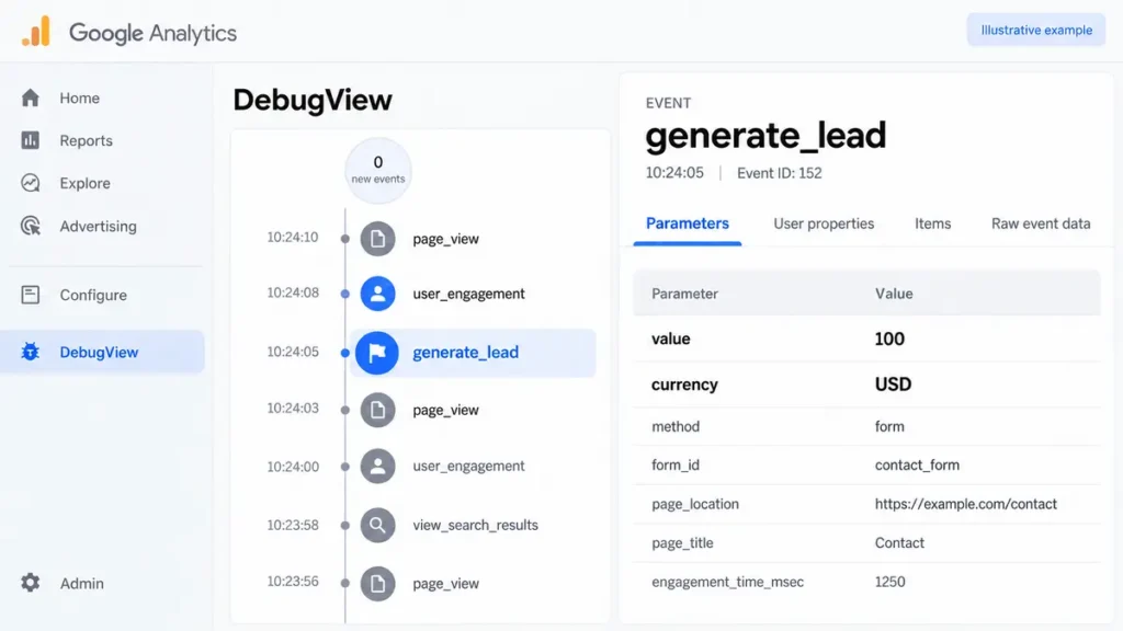 DebugView screenshot of generate_lead with value and currency parameters