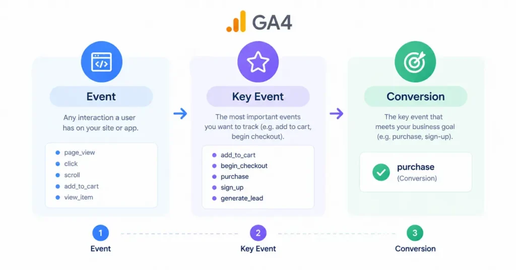 Diagram showing how a GA4 event becomes a key event and then a Google Ads conversion