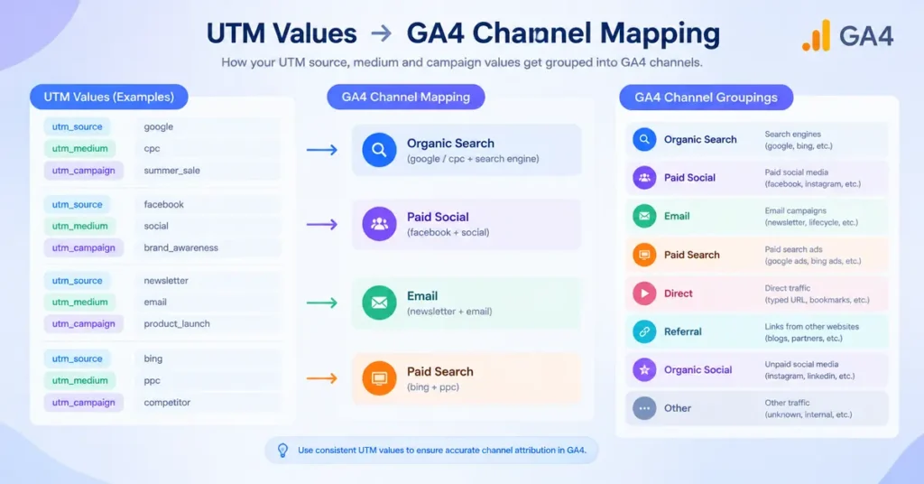 Table showing which UTM source and medium values place traffic in each GA4 default channel